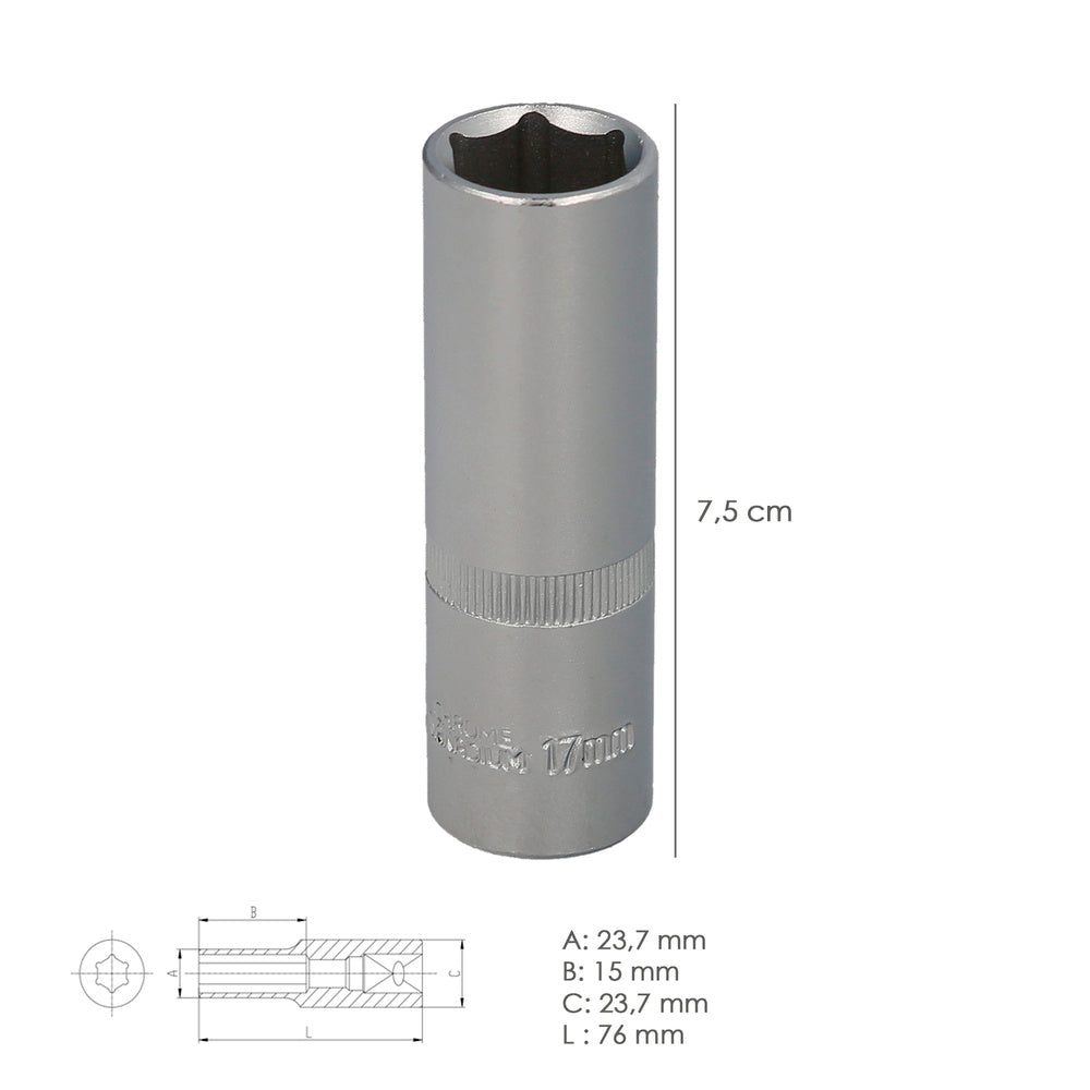 1/2" long hex socket 17 mm 6-point profile. Chrome vanadium steel, round edges