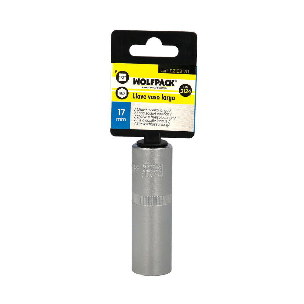 1/2" long hex socket 17 mm 6-point profile. Chrome vanadium steel, round edges