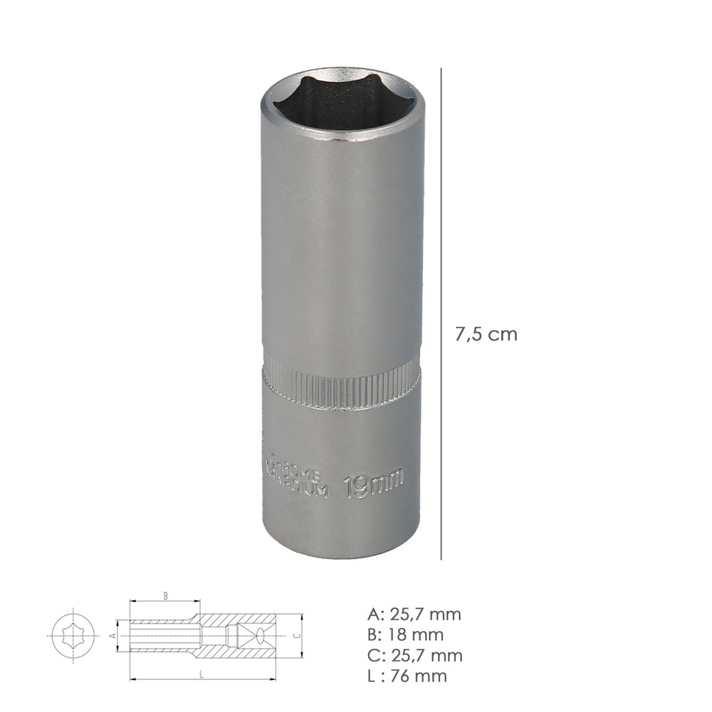 Chave caixa 1/2" sextavada longa 19 mm perfil de 6 faces. Aço cromo vanádio, arestas arredondadas