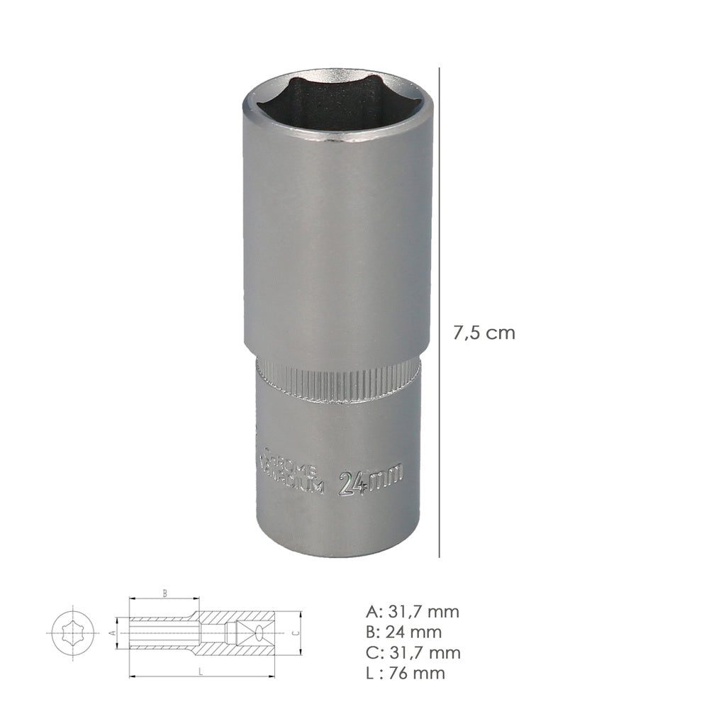 Chave de caixa 1/2" sextavada longa 24 mm perfil de 6 faces. Aço cromo-vanádio, arestas redondas