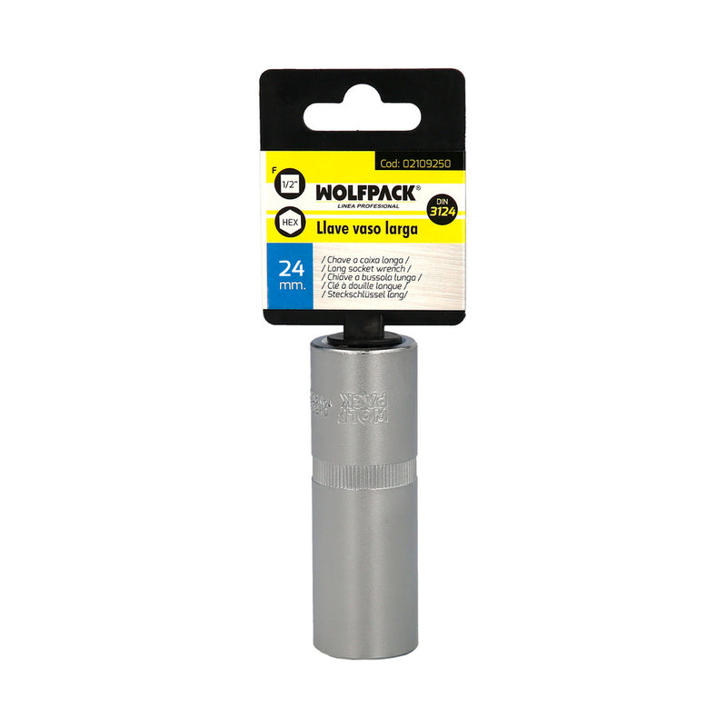 Llave vaso 1/2" hexagonal larga 24 mm. perfil de 6 caras. acero cromo vanadio, aristas redondas