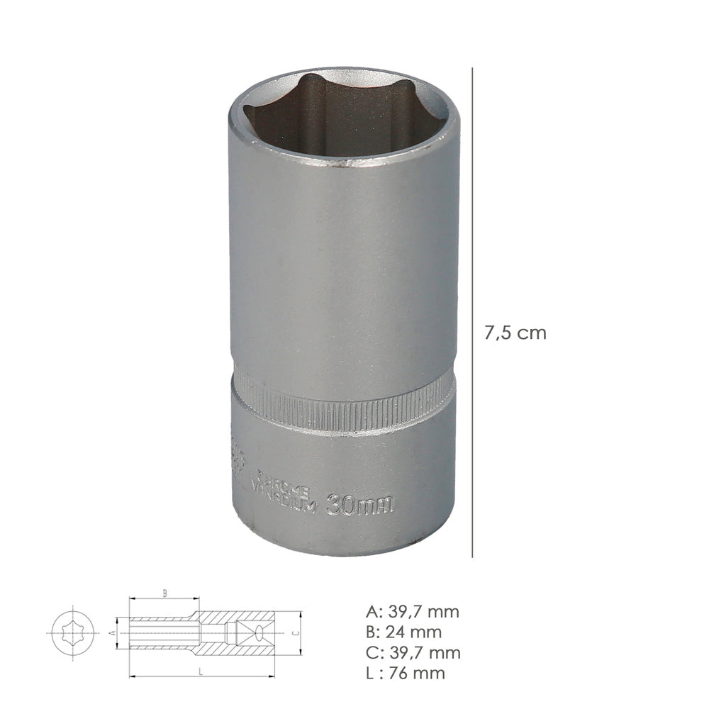 1/2" long hexagonal socket 30 mm, 6-point profile. Chrome vanadium steel, rounded edges