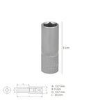 Chave de caixa 1/4" sextavada longa 10 mm perfil de 6 faces. Aço cromo-vanádio, cantos arredondados