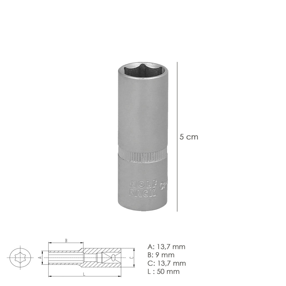Chave de caixa 1/4" sextavada longa 10 mm perfil de 6 faces. Aço cromo-vanádio, cantos arredondados