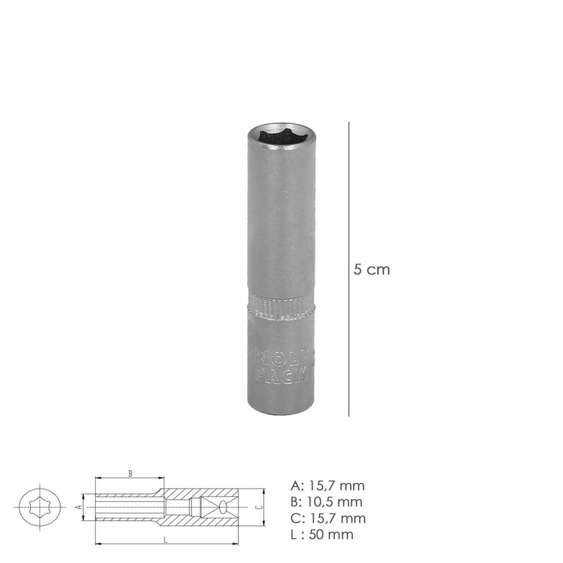 Llave vaso 1/4" hexagonal larga 11 mm. perfil de 6 caras. acero cromo vanadio, aristas redondas