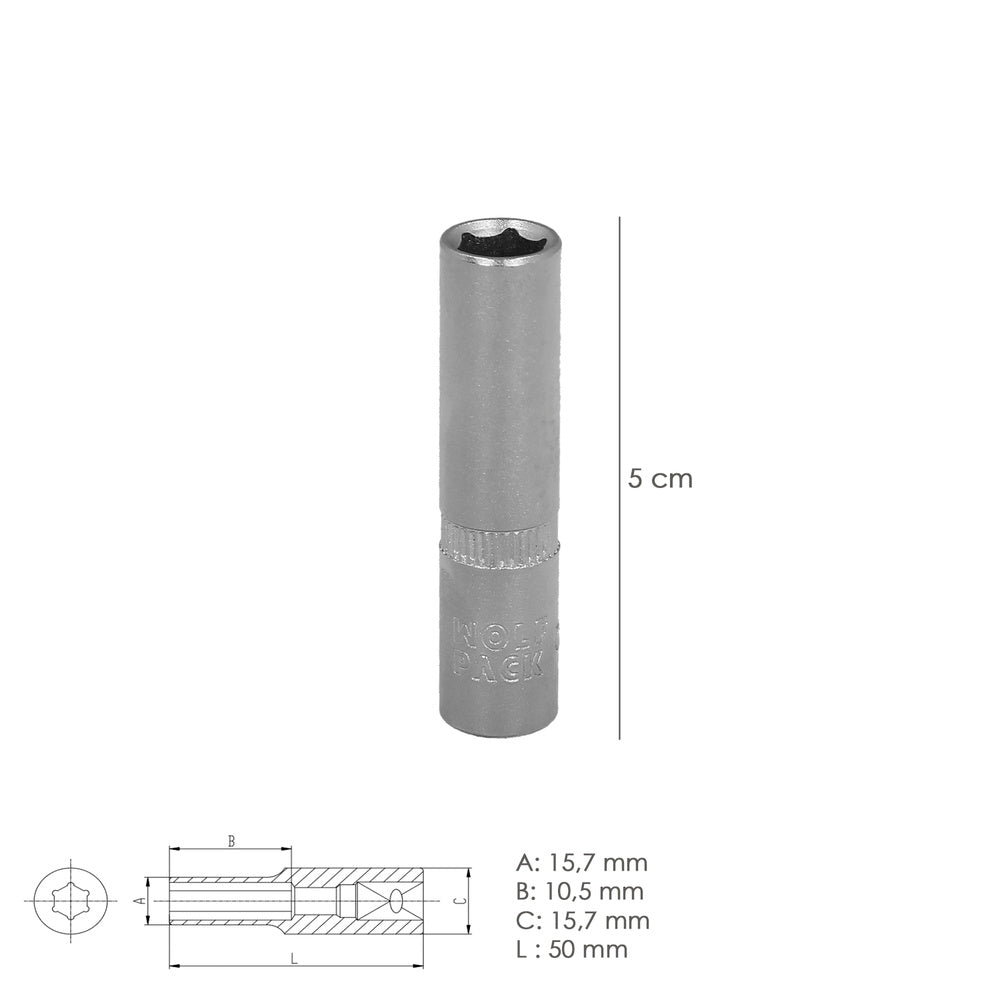 Llave vaso 1/4" hexagonal larga 11 mm perfil de 6 caras. Acero cromo vanadio, aristas redondas