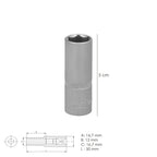 Llave vaso 1/4" hexagonal larga 12 mm perfil de 6 caras. Acero cromo vanadio, aristas redondas