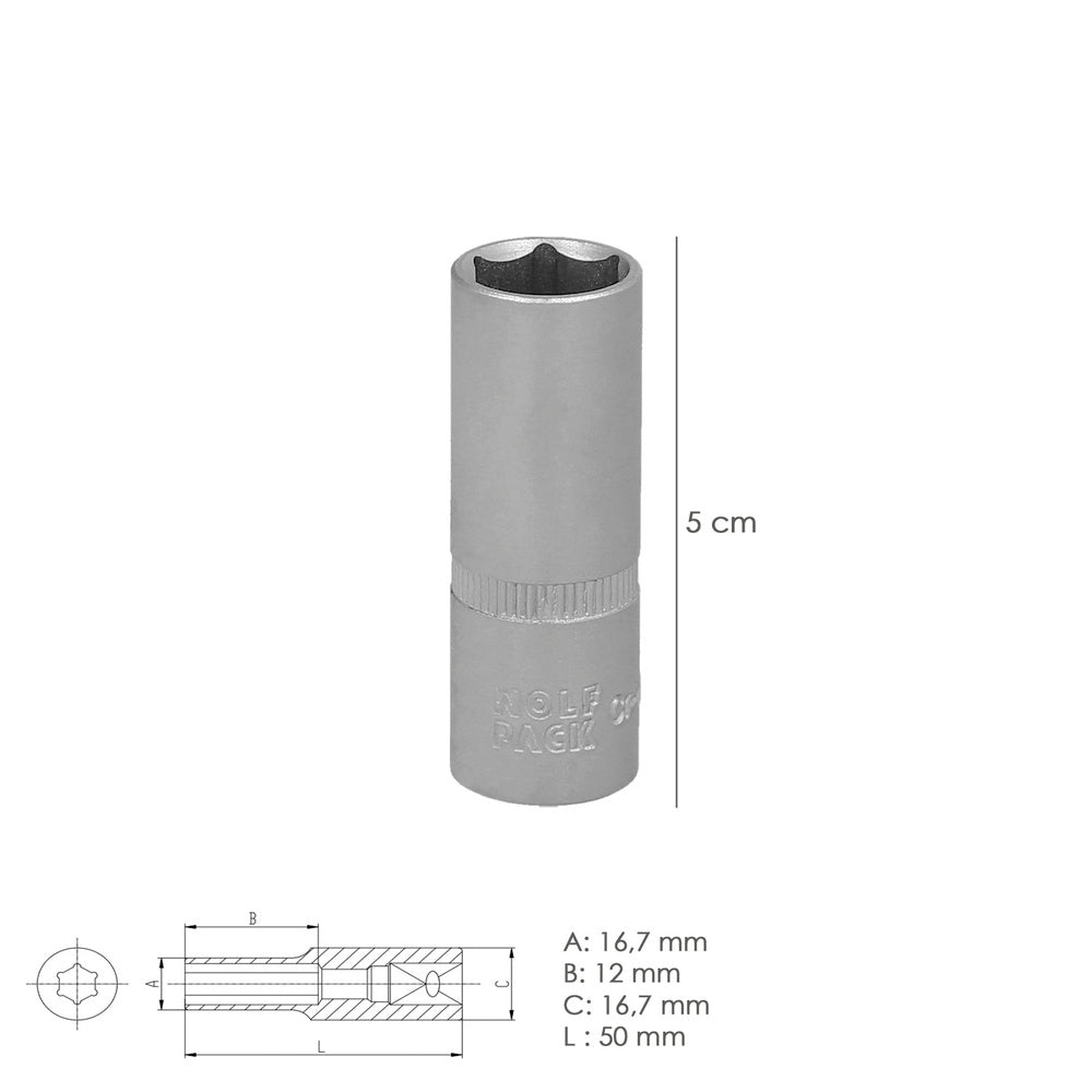 1/4" Hexagon Long Socket 12mm 6-point profile. Chrome vanadium steel, rounded edges