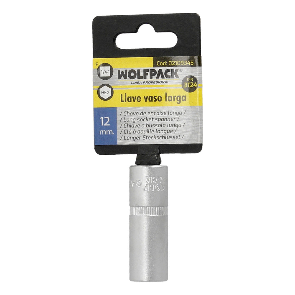 1/4" Hexagon Long Socket 12mm 6-point profile. Chrome vanadium steel, rounded edges
