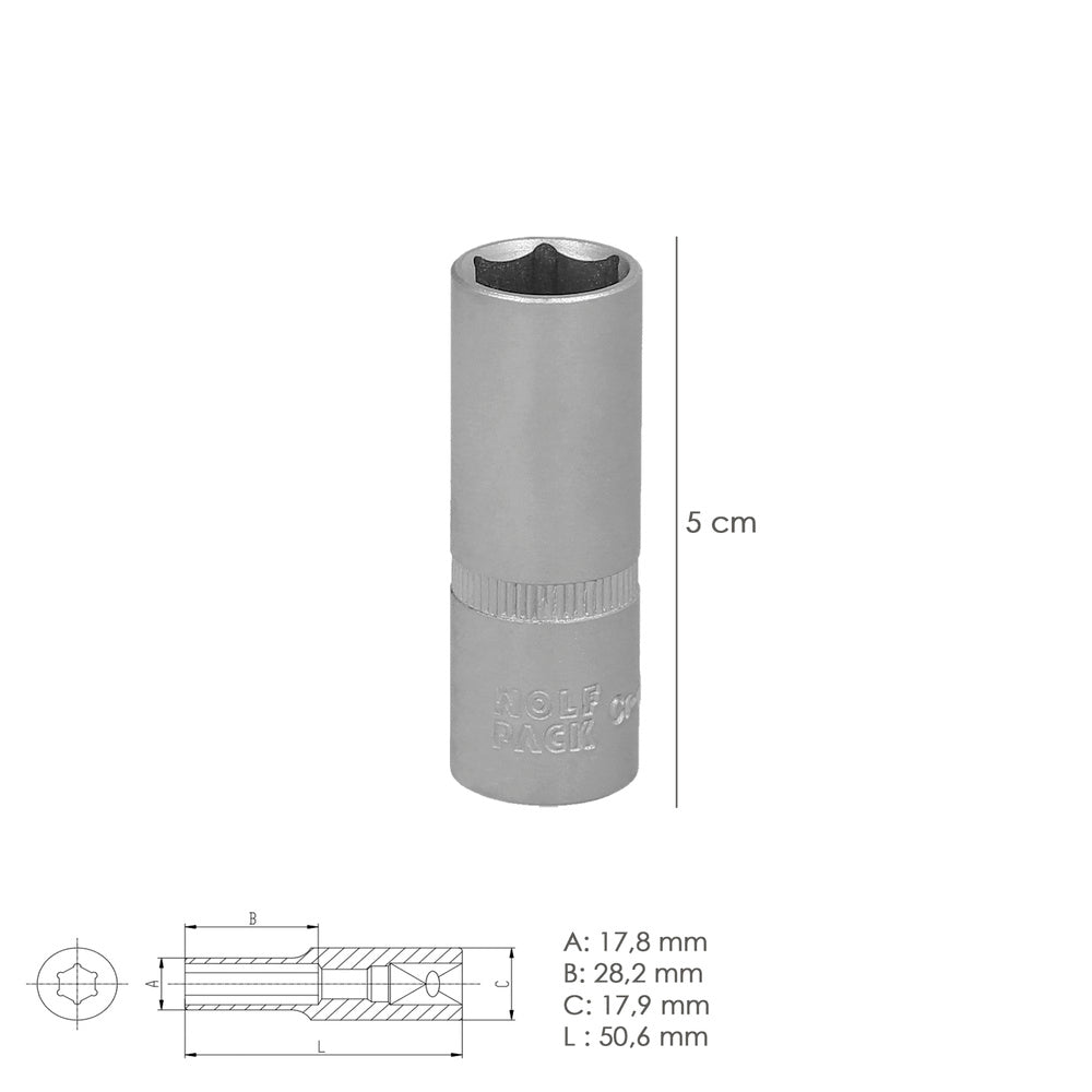 Chave de caixa 1/4" sextavada longa 13 mm perfil de 6 faces. Aço cromo vanádio, cantos redondos