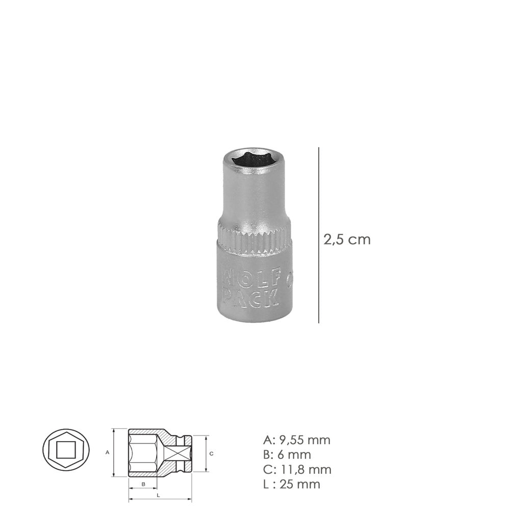 Chave de caixa 1/4" sextavada 6 mm perfil de 6 faces. Aço cromo vanádio, cantos arredondados