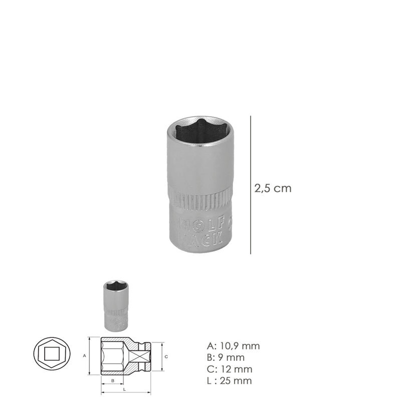Llave vaso 1/4" hexagonal 7 mm. perfil de 6 caras. acero cromo vanadio, aristas redondas