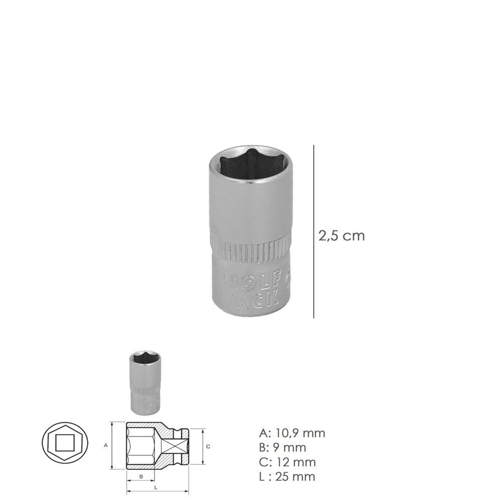 Chave de caixa 1/4" sextavada 7 mm perfil de 6 faces. Aço cromo-vanádio, cantos arredondados