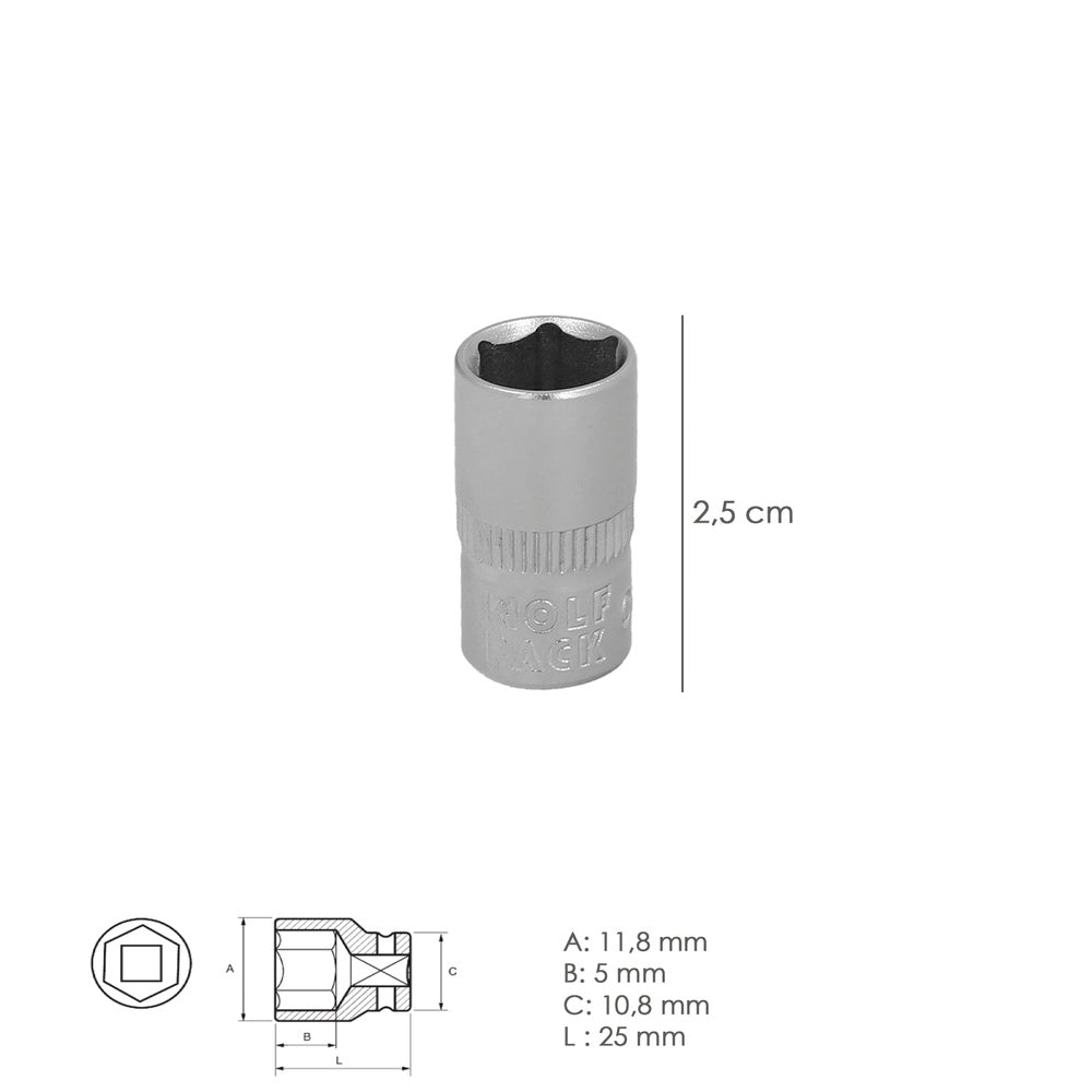 Llave vaso 1/4" hexagonal 8 mm perfil de 6 caras. Acero cromo vanadio, aristas redondas