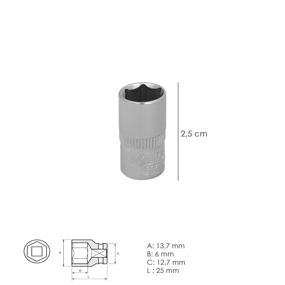Chave de caixa 1/4" sextavada 10 mm perfil de 6 faces. Aço cromo-vanádio, arestas arredondadas