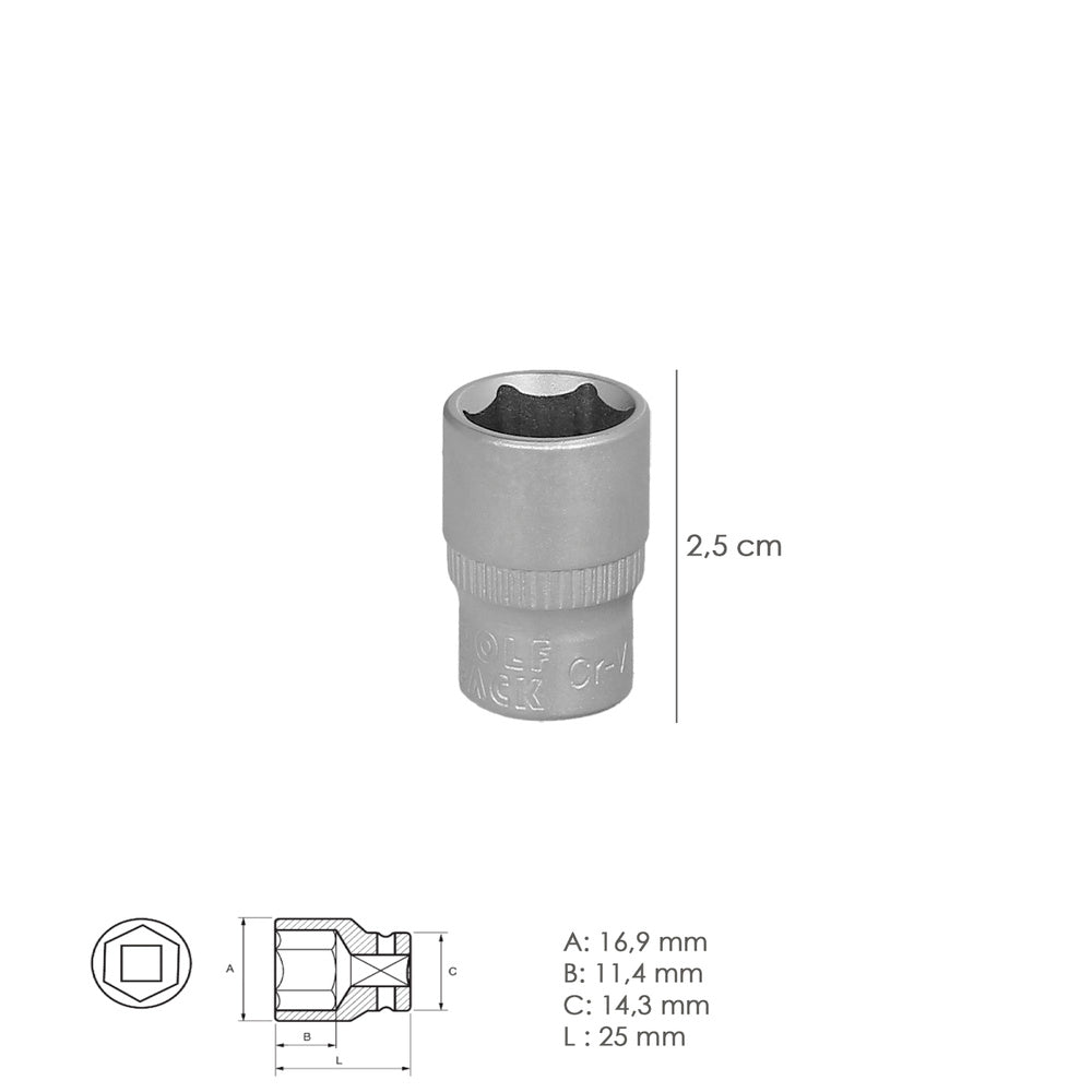 Chave de caixa hexagonal de 1/4" 12 mm perfil de 6 faces. Aço cromo-vanádio, cantos arredondados