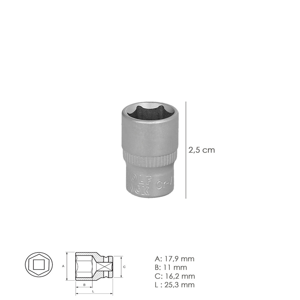 Chave de caixa 1/4" sextavada 13 mm perfil de 6 faces. Aço cromo-vanádio, arestas arredondadas