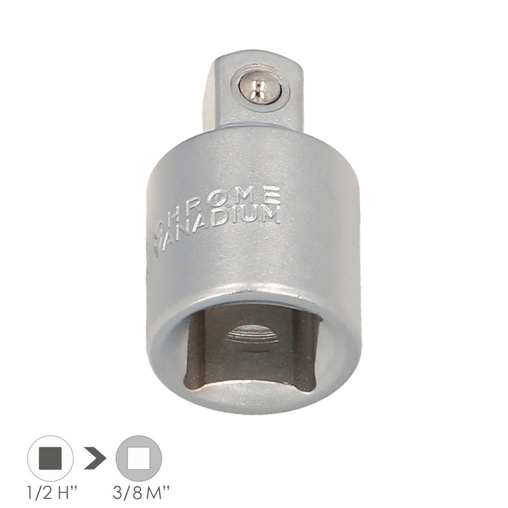 Adaptador redutor de 1/2" fêmea para 3/8" macho, aço cromo-vanádio, bordos arredondados, redutor com roquete.