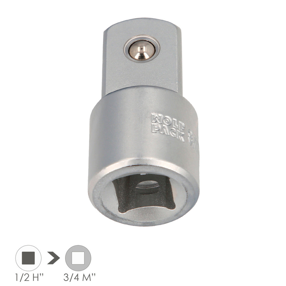 Adaptador aumentador 1/2" hembra a 3/4" macho acero cromo vanadio, aristas redondas, reductor carraca,