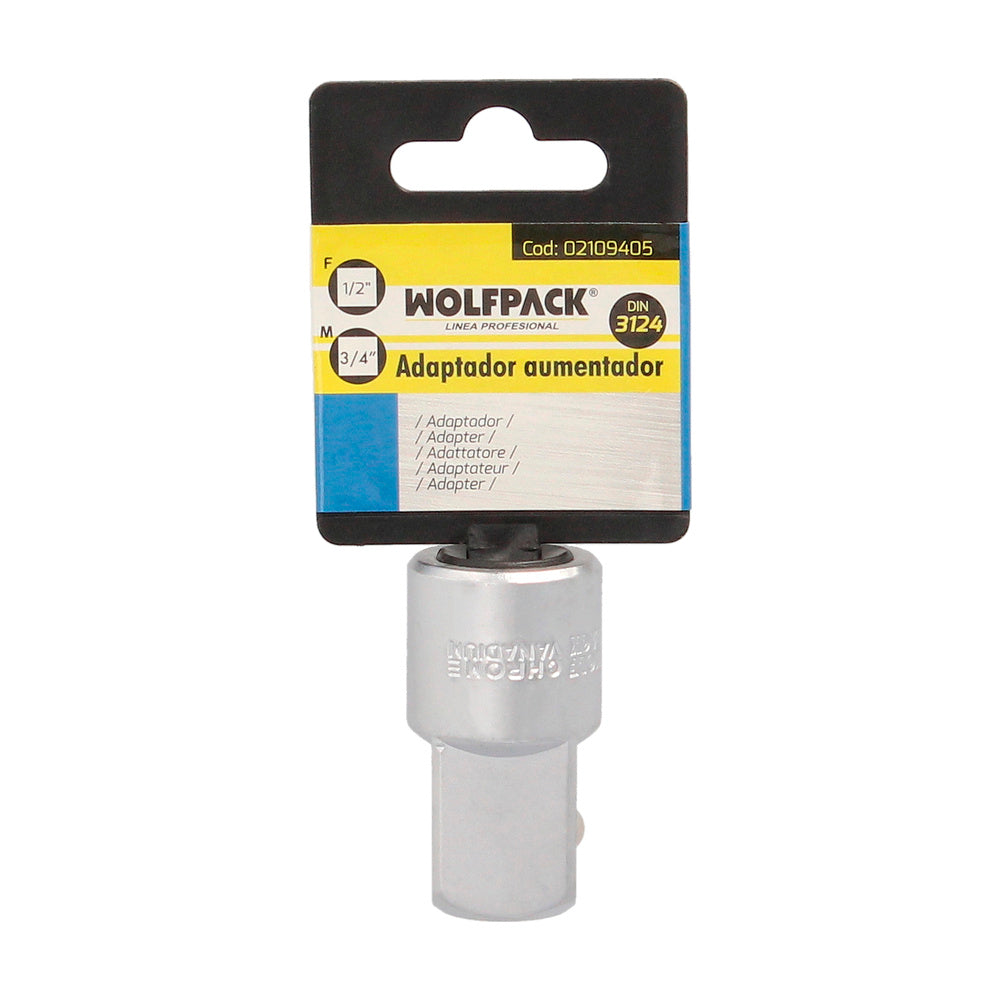 Adaptador multiplicador de 1/2" fêmea para 3/4" macho, aço cromo-vanádio, bordos arredondados, redutor com roquete.