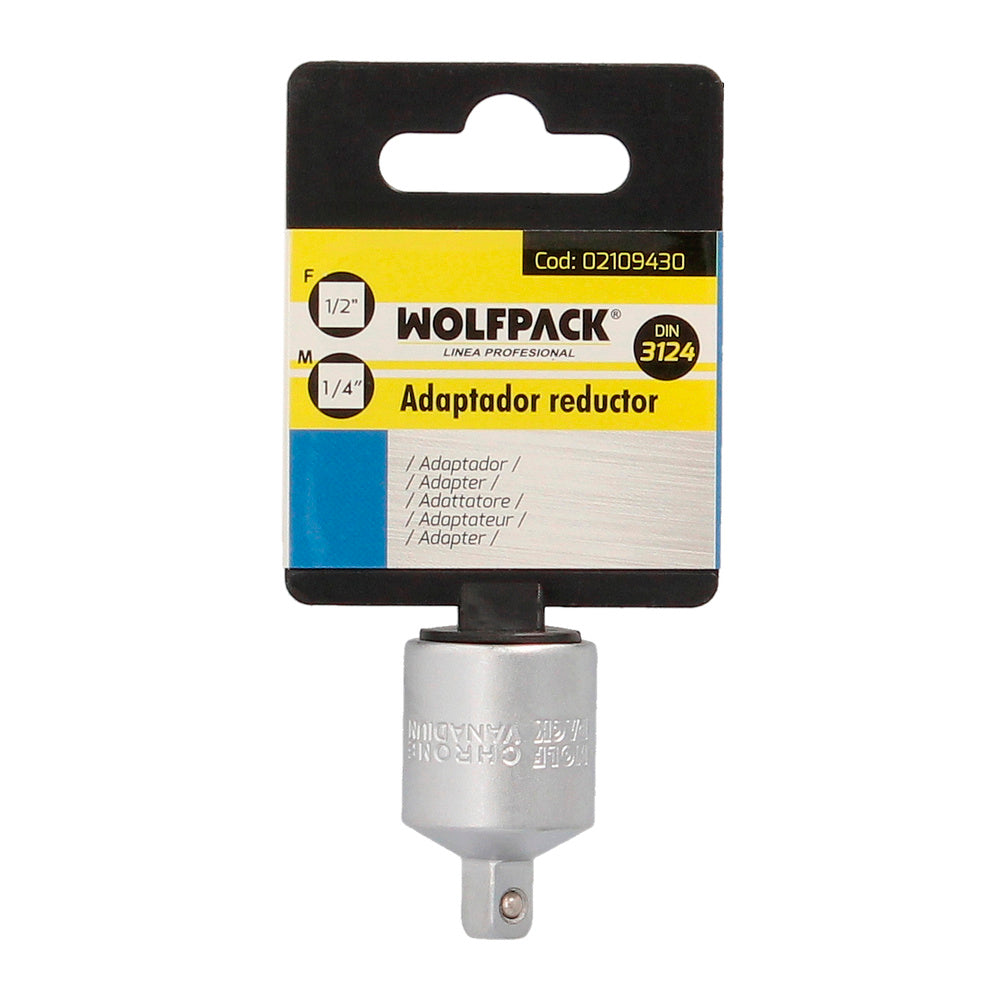 Adaptador reductor  1/2" hembra a 1/4" macho. Acero cromo vanadio, aristas redondas, reductor carraca,