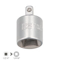 Adaptador redutor 1/2" fêmea para 1/4" macho. Aço cromo-vanádio, arestas arredondadas, redutor de roquete,