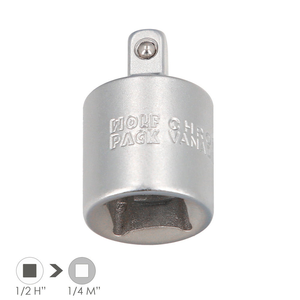 Adaptador reductor  1/2" hembra a 1/4" macho. Acero cromo vanadio, aristas redondas, reductor carraca,