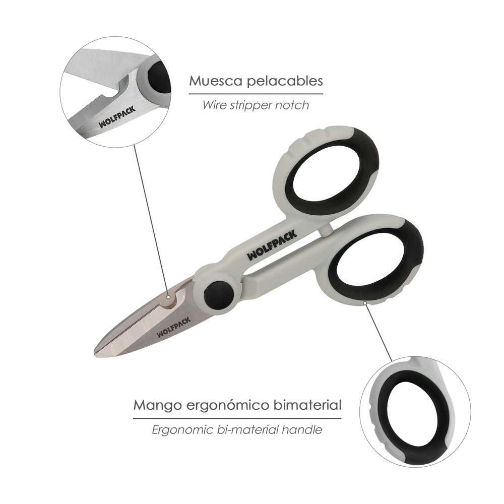 Tesoura eletricista 140 mm cabo tpr sem tensão. Lâminas em aço inoxidável, ergonómicas, tesoura de corte de cabos, descarnador de fios