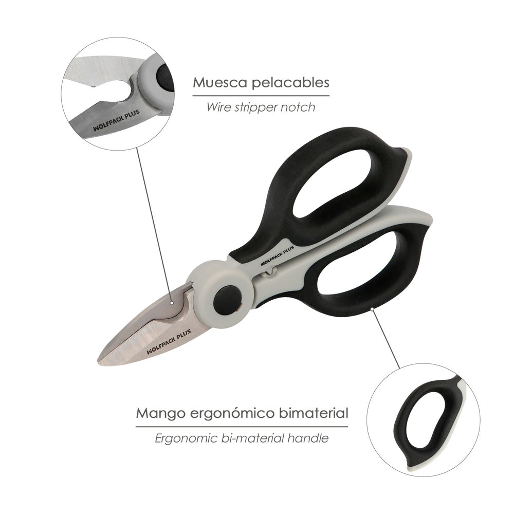 Tesoura eletricista 155 mm cabo tpr plus sem tensão. Com capa, lâminas em aço inoxidável, tesoura corta-cabos, descarnador de cabos