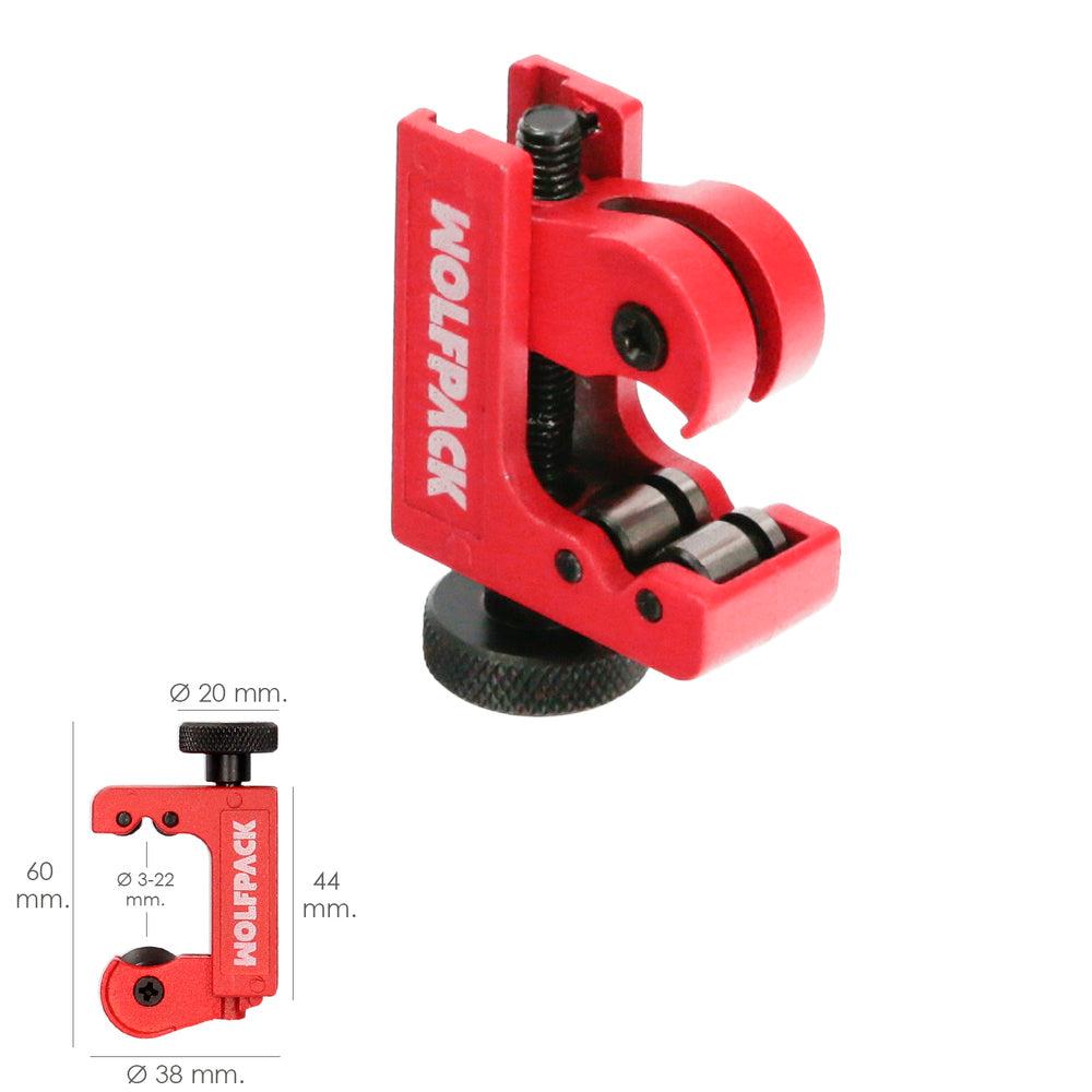 Cortador de tubos mini de ø 3 a 22 mm, corpo em alumínio e rodel em aço temperado.