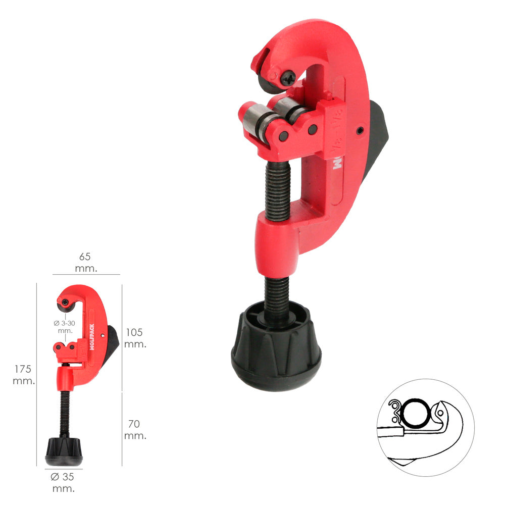 Pipe cutter for ø 3 to 30 mm, with aluminum body and hardened steel cutting wheel.