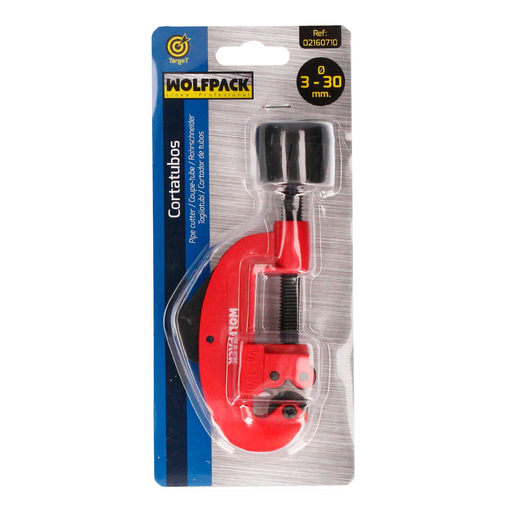 Pipe cutter for ø 3 to 30 mm, with aluminum body and hardened steel cutting wheel.