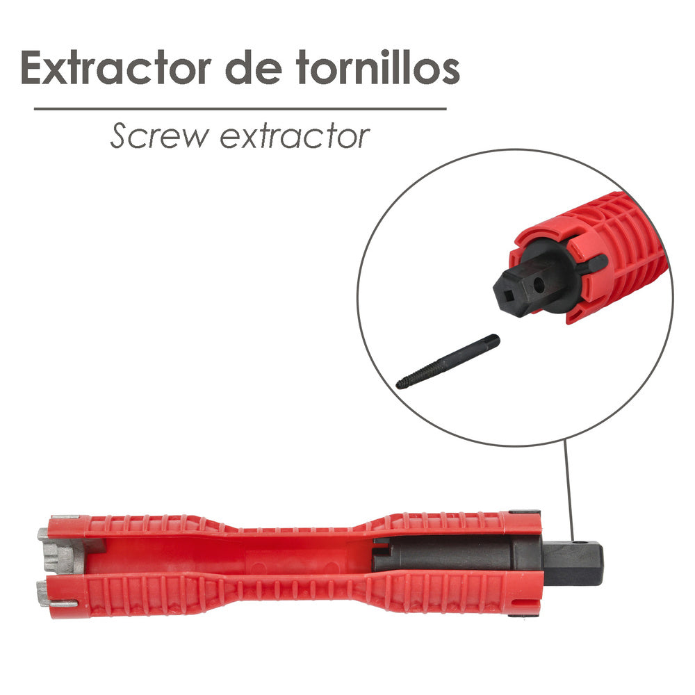 Multi-function faucet wrench with adapter, hex key, and screw extractor