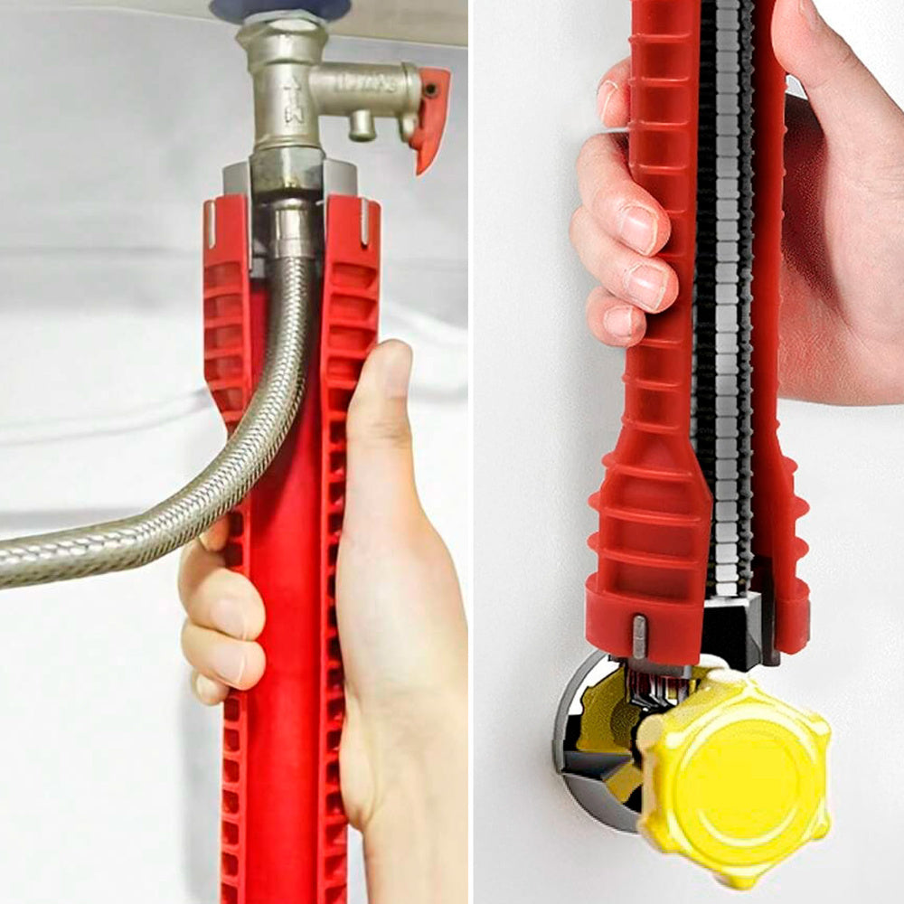 Multi-function faucet wrench with adapter, hex key, and screw extractor