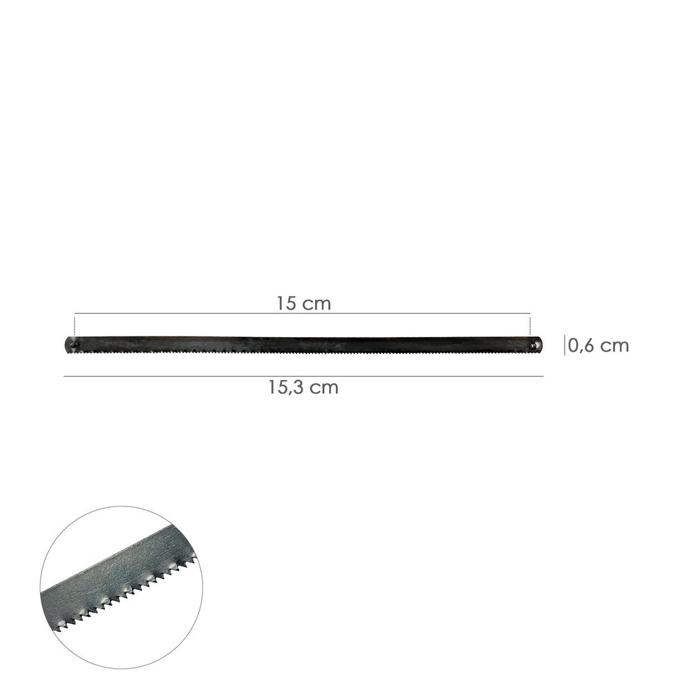 Hoja segueta / arco sierra marquetería 155 mm fabricada en acero, 24 tpi. Flexible y duradera.