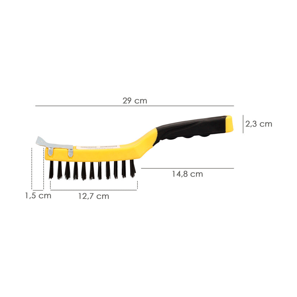 Escova de solda manual em aço com raspador, cabo em plástico, escova de solda, escova de oficina