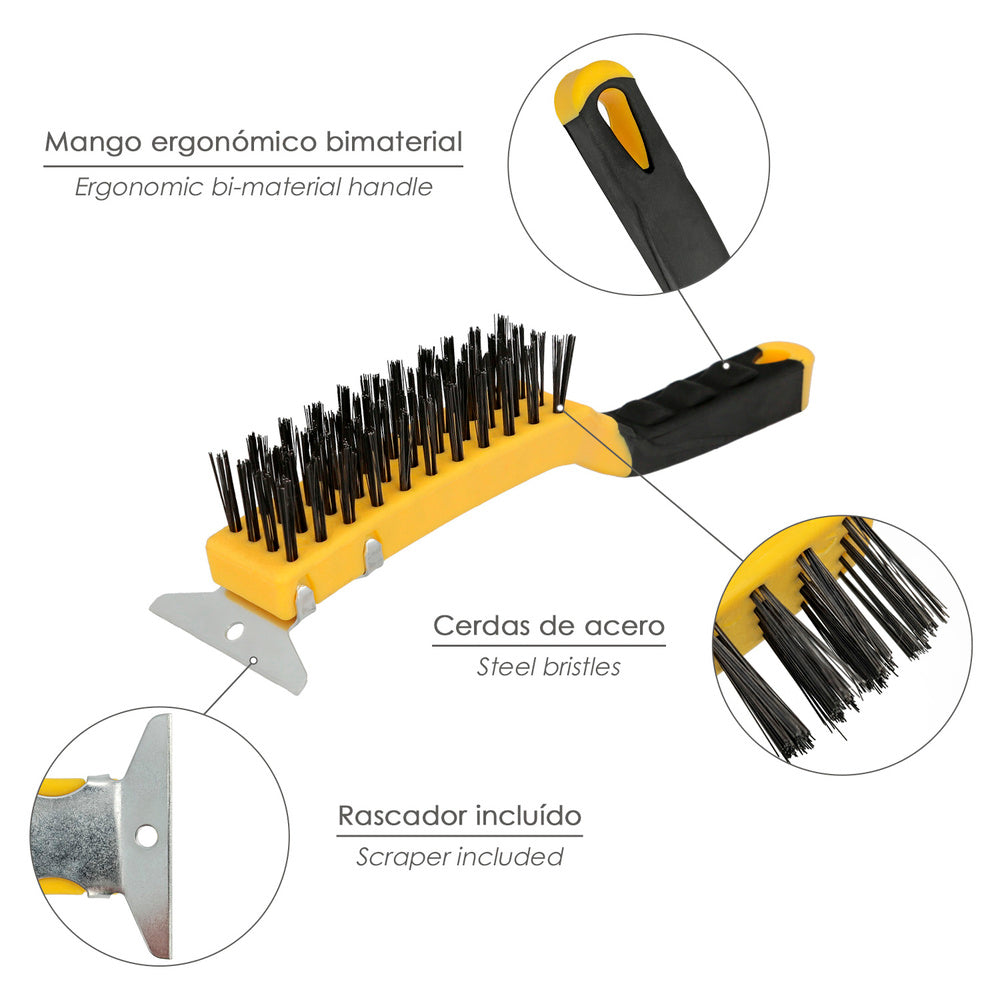 Escova de solda manual em aço com raspador, cabo em plástico, escova de solda, escova de oficina