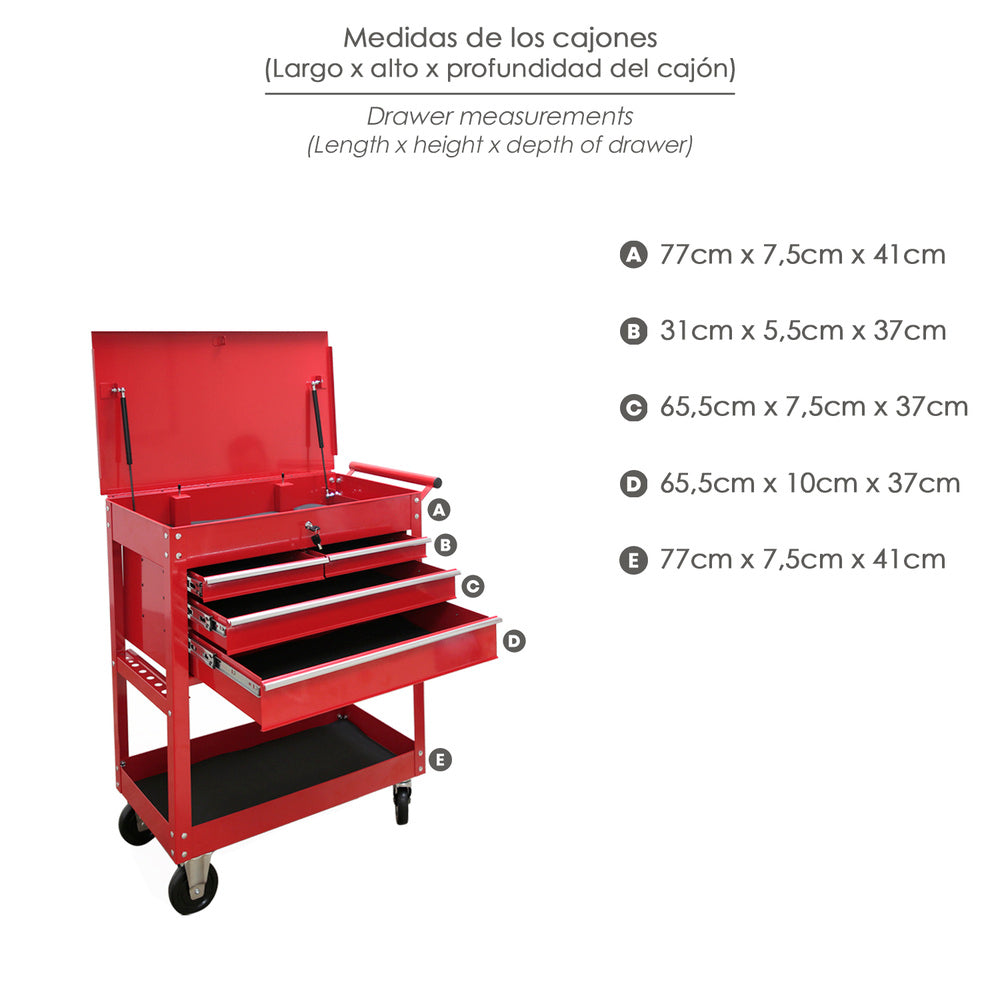 Carro portaherramientas metálico 86x44x99 cm con 4 cajones y 2 bandejas