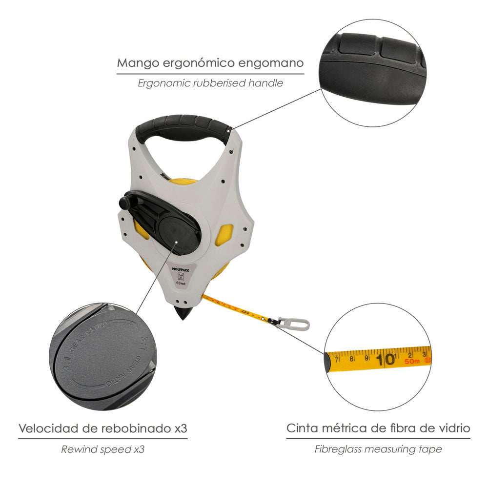 Fita métrica de fibra de vidro 50 metros sistema 3x velocidade de recolha