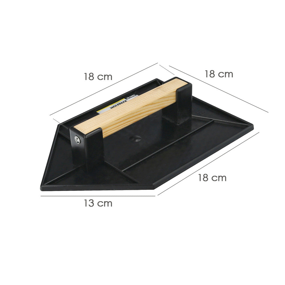 Plastic darby float, pointed, with wooden handle, 27x18 cm, black with cavities.