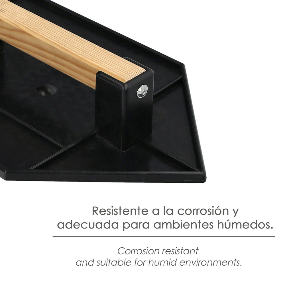 Plastic darby float, pointed, with wooden handle, 27x18 cm, black with cavities.