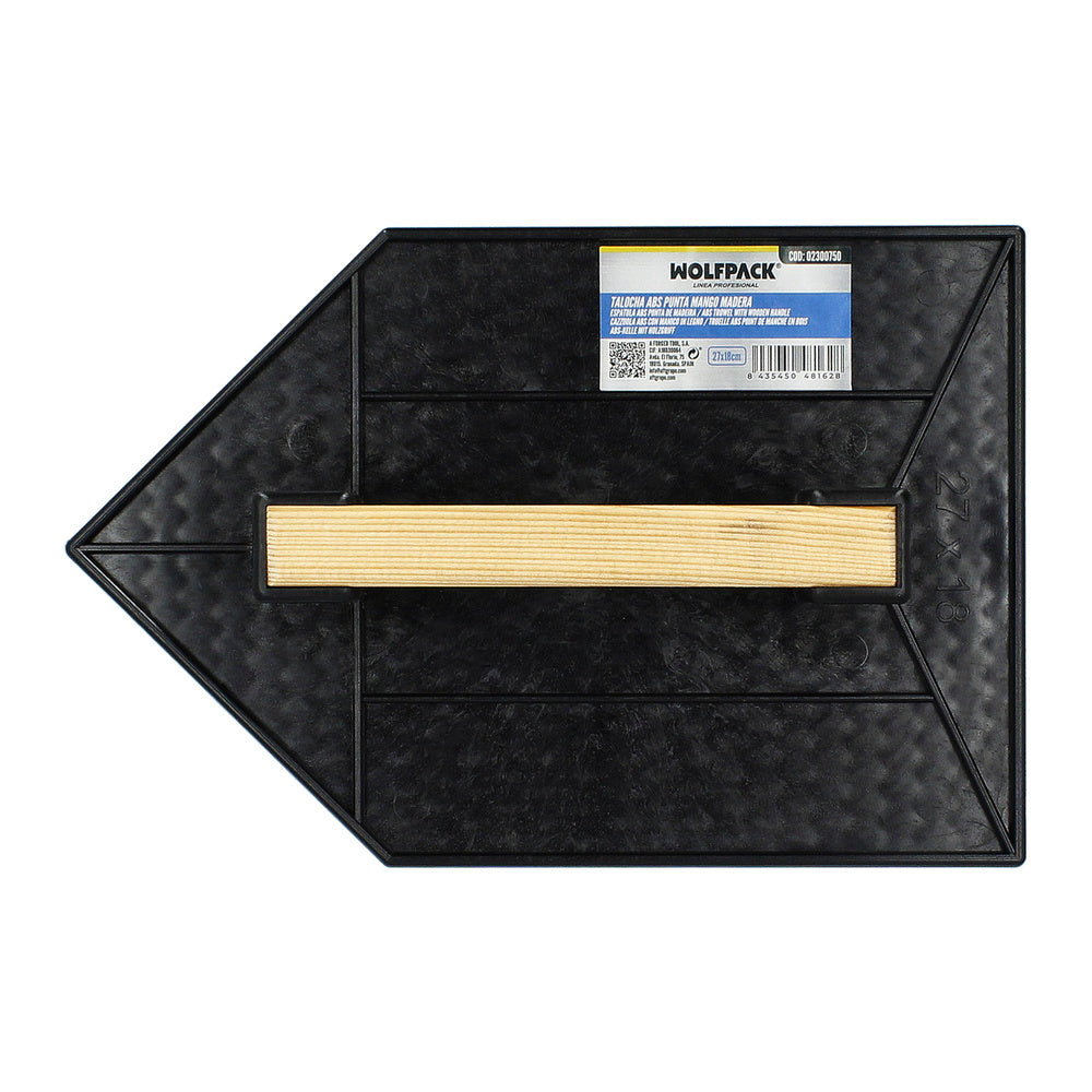 Plastic darby float, pointed, with wooden handle, 27x18 cm, black with cavities.