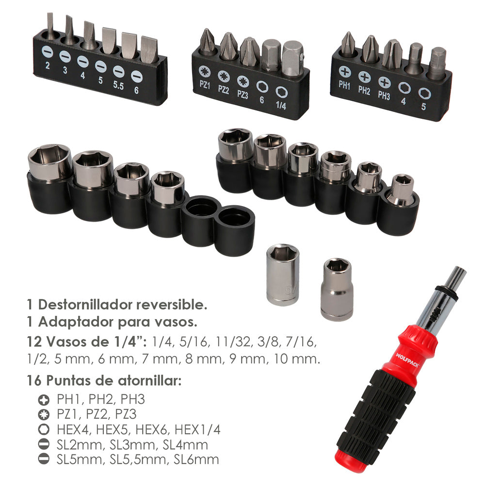 Juego destornillador carraca con 29 piezas. (12 vasos y 16 puntas)