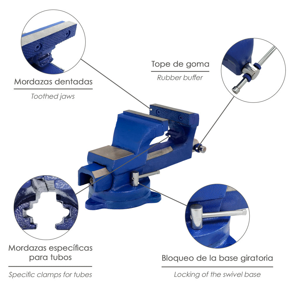 Torno de bancada giratório reforçado de 130 mm, também pode ser utilizado como torno de mesa, torno de fixação, grampo de bancada ou torno para tubos.