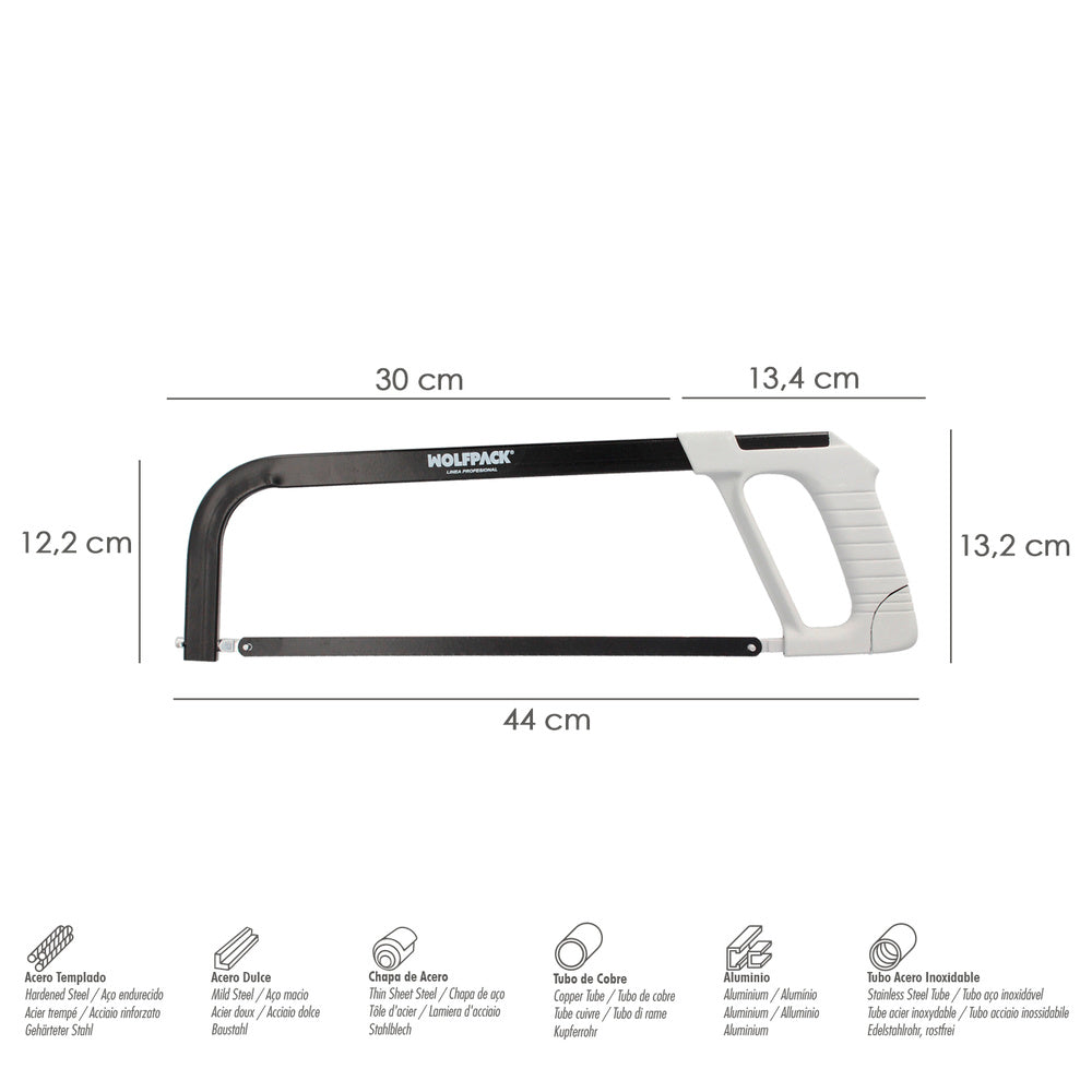 Arco sierra acero con empuñadura de aluminio angulo corte ajustable. Corta acero, aluminio, madera, plástico, cobre
