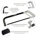 Arco sierra acero con empuñadura de aluminio angulo corte ajustable. Corta acero, aluminio, madera, plástico, cobre
