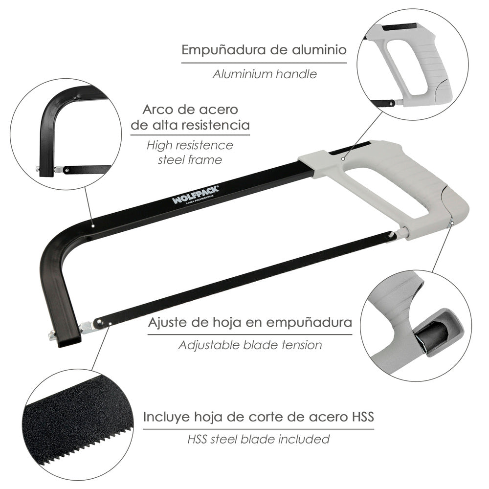 Arco sierra acero con empuñadura de aluminio angulo corte ajustable. Corta acero, aluminio, madera, plástico, cobre