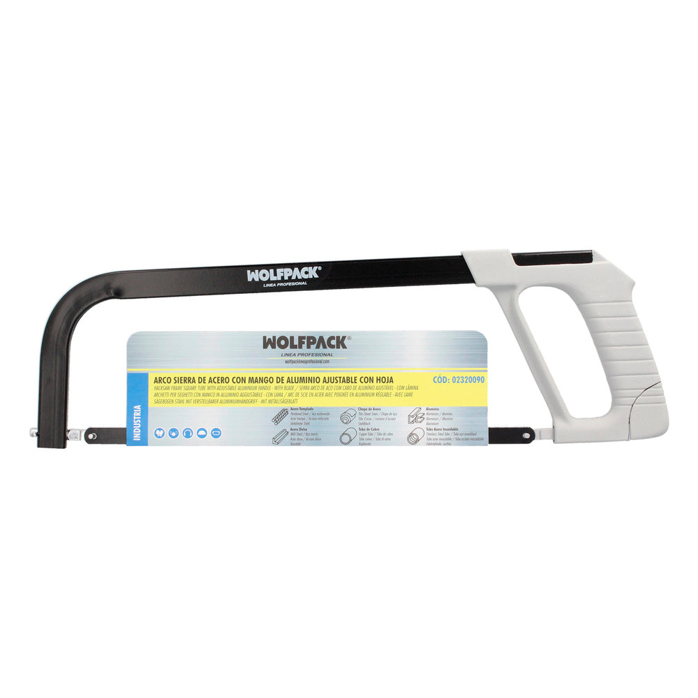 Arco sierra acero con empuñadura de aluminio angulo corte ajustable. Corta acero, aluminio, madera, plástico, cobre