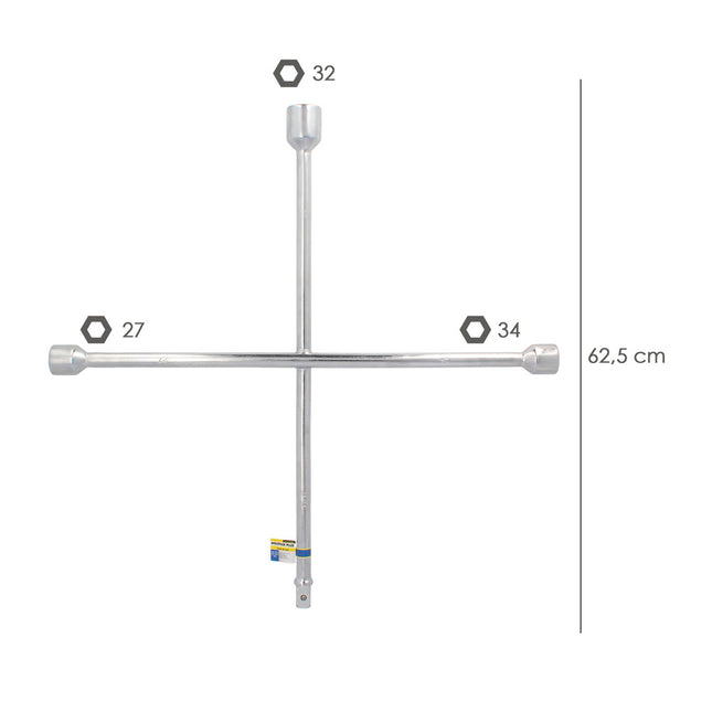 Llave cruz 27 mm. / 32 mm. / 32 mm.  3/4". para camión.  llave de cruceta, llave cruzada, llave rueda camión,