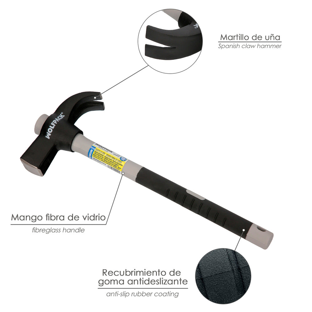 Martillo uña mango fibra vidrio mango fibra vidrio con empuñadura antideslizante. 600 gramos 33 cm